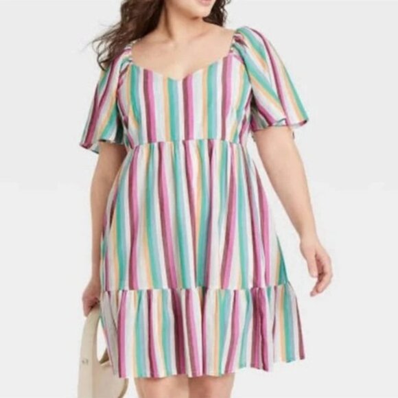 Ava & Viv Multicolor Flutter Sleeve Tiered Knee Length Dress Size X 14 - Picture 1 of 10